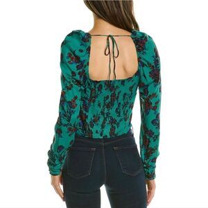 Free People NWT Hilary Printed Top in Green Combo Long Sleeve Lightweigh…